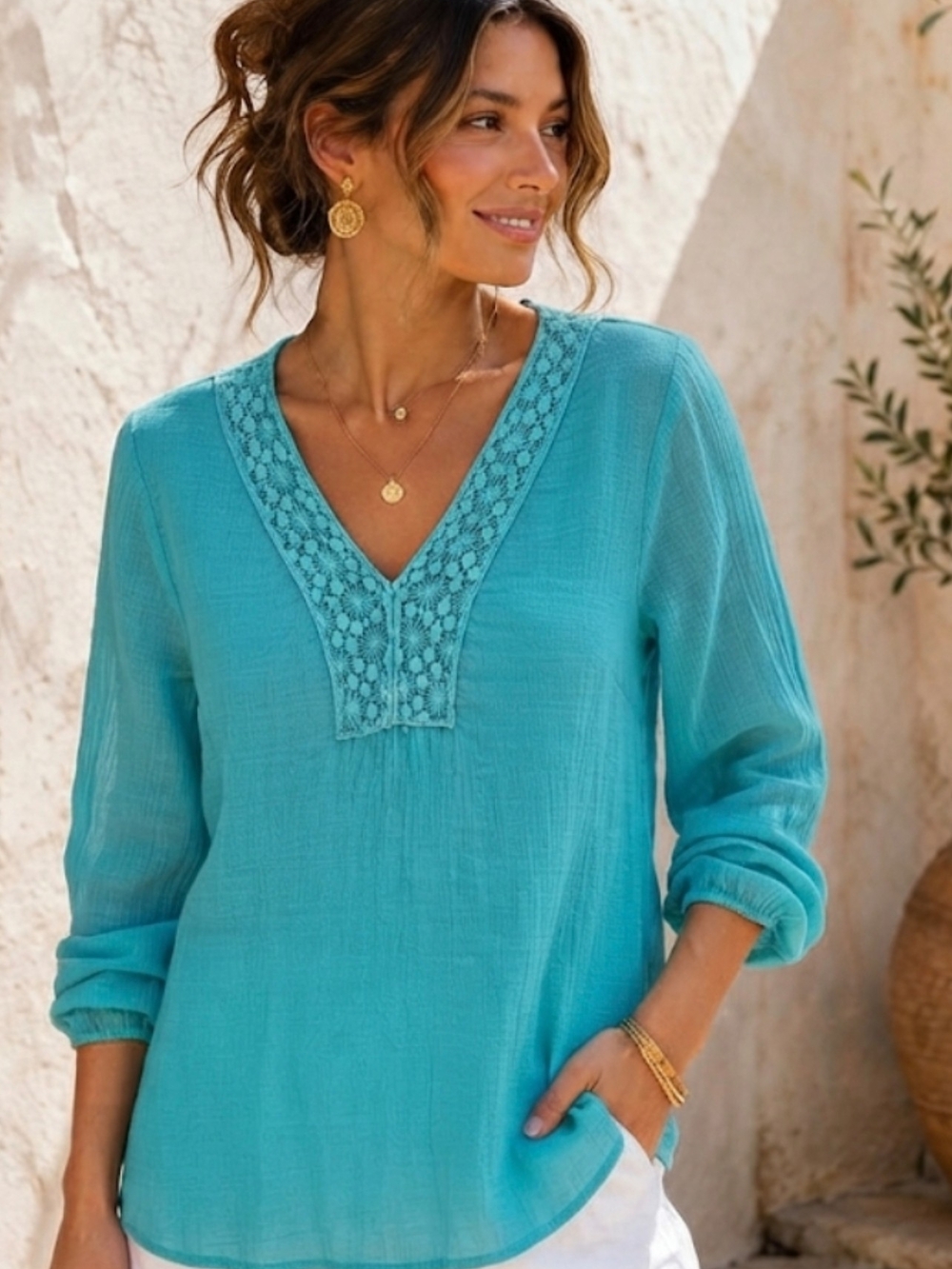Grand & Greene Turquoise Blue Crochet V-Neck Boho Blouse TopLarge L SKU 0208